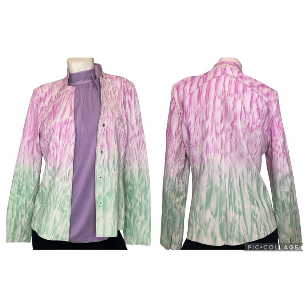 JULIANA COLLEZIONE Lilac Green Multicolor Tie Dye Tailored 100% Leather Jacket M